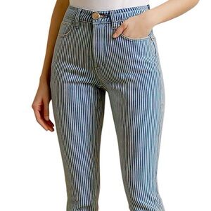 CHICO’S Platinum Blue White Pinstripe Pants Slacks Pockets Striped Size Large
